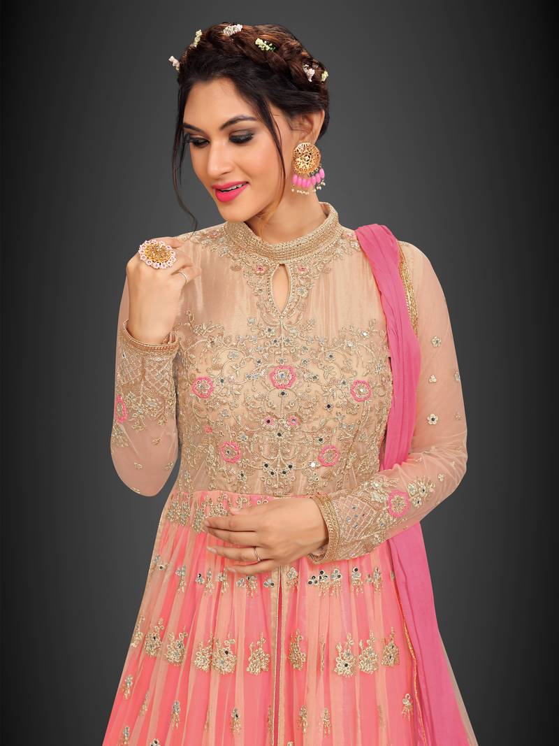 Trendmalls Pink embroidered  net Party Wear Festive Wedding Salwar Dress & Gown 