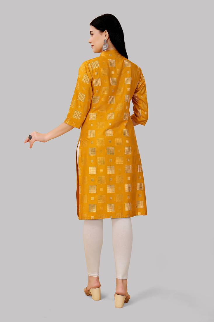 TiTle:-yellow kurti, Reyon ,floral print,plain designer,straight kurti