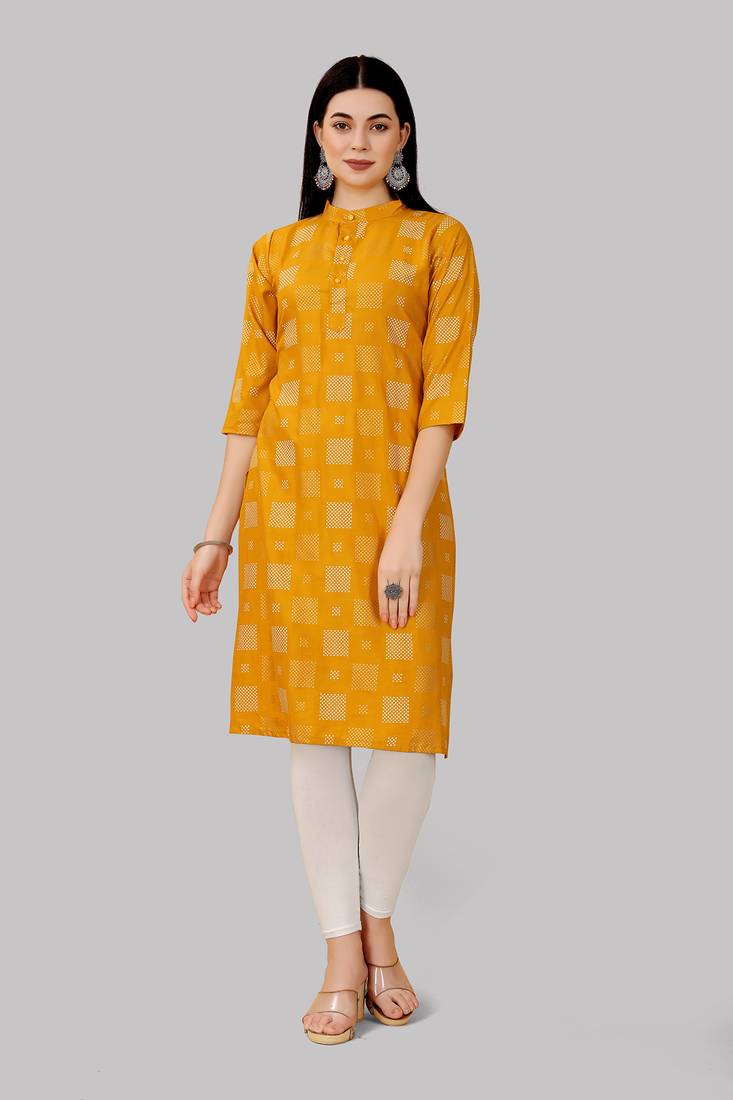 TiTle:-yellow kurti, Reyon ,floral print,plain designer,straight kurti