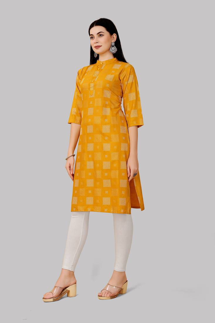 TiTle:-yellow kurti, Reyon ,floral print,plain designer,straight kurti
