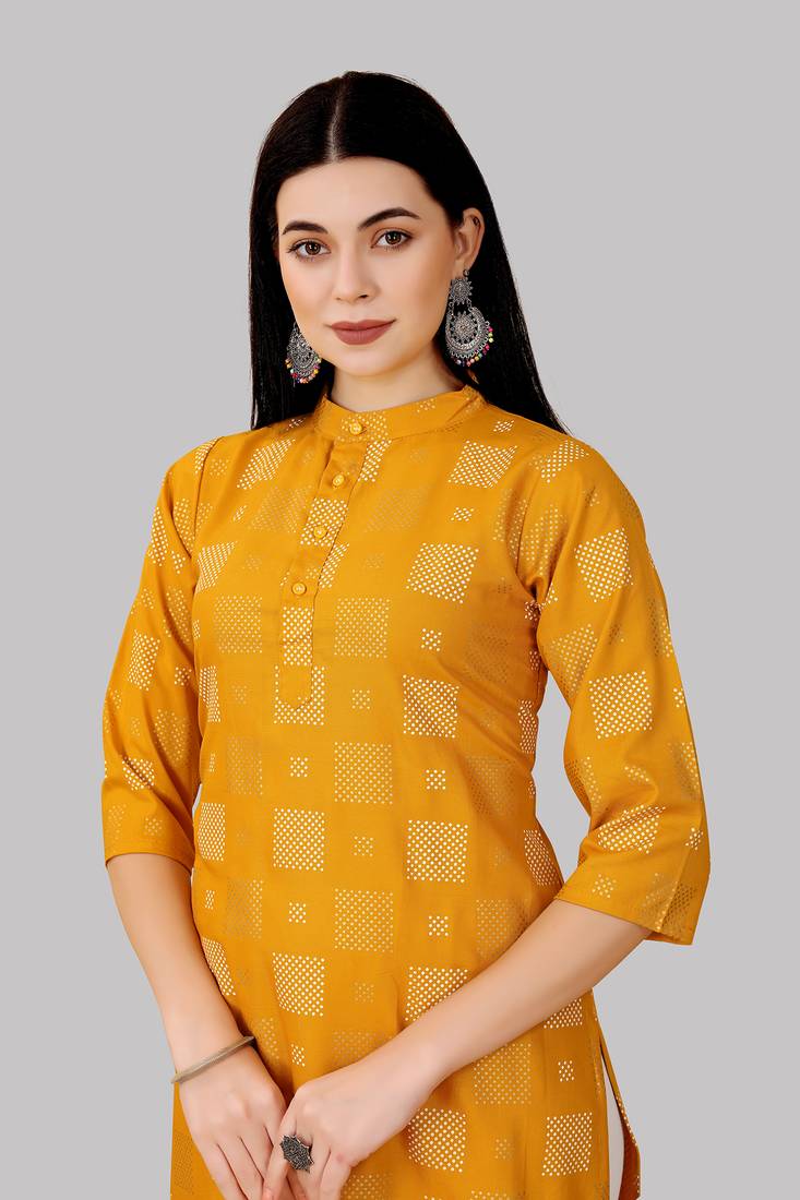 TiTle:-yellow kurti, Reyon ,floral print,plain designer,straight kurti