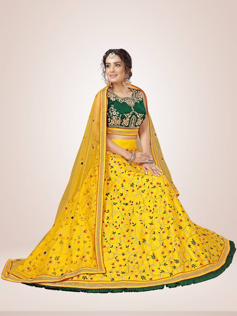 Trendmalls Yellow embroidered art silk Wedding, Party Wear Semi ...