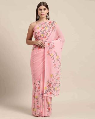 Pink printed georgette saree with blouse 2