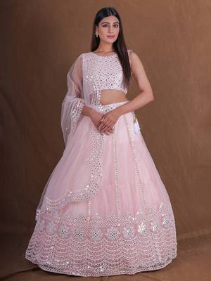 Stunning Light Pink Foil Mirror Lehenga Choli Trending Designer Wedding Party Wear  Net Ghagra Choli For Women  2