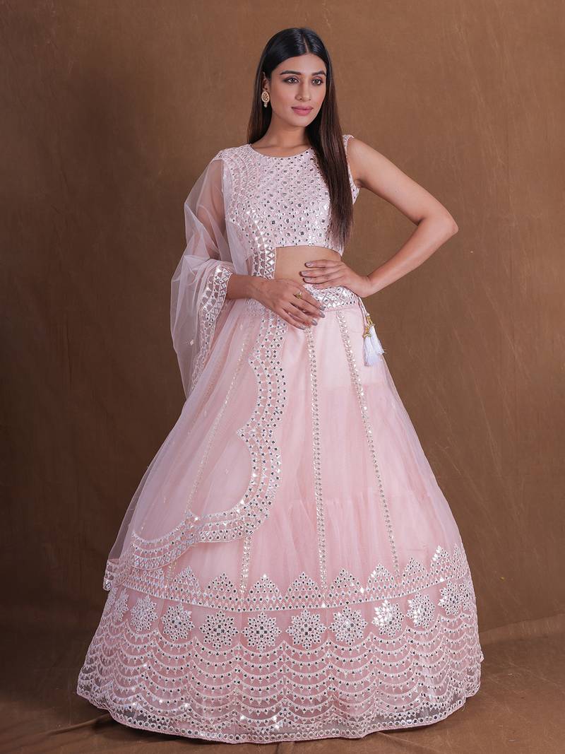 Stunning Light Pink Foil Mirror Lehenga Choli Trending Designer Wedding Party Wear  Net Ghagra Choli For Women 