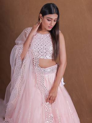 Stunning Light Pink Foil Mirror Lehenga Choli Trending Designer Wedding Party Wear  Net Ghagra Choli For Women  1