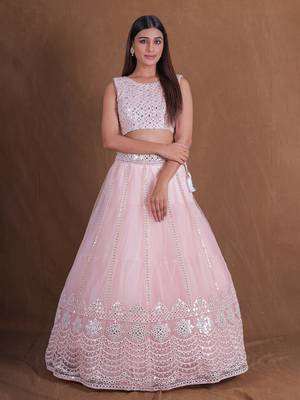 Stunning Light Pink Foil Mirror Lehenga Choli Trending Designer Wedding Party Wear  Net Ghagra Choli For Women  4