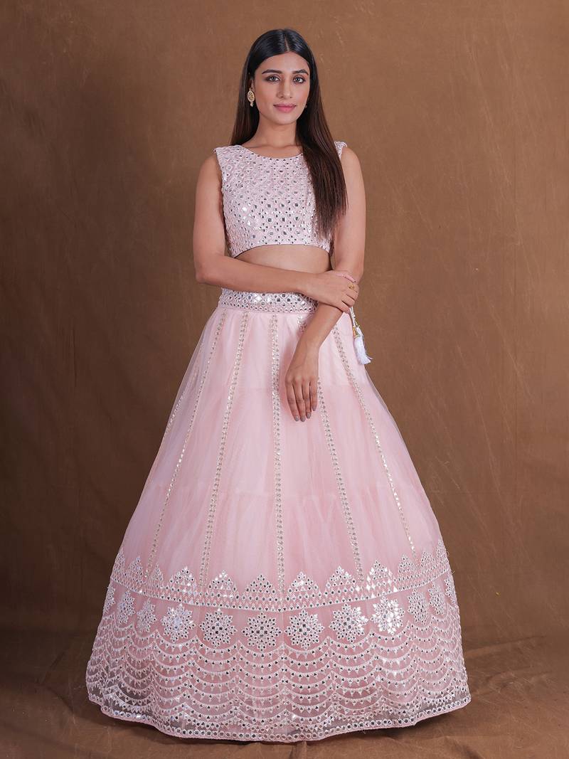 Stunning Light Pink Foil Mirror Lehenga Choli Trending Designer Wedding Party Wear  Net Ghagra Choli For Women 