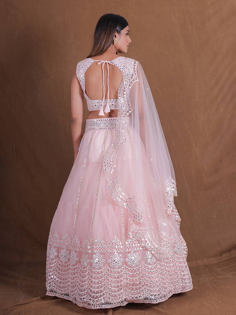Stunning Light Pink Foil Mirror Lehenga Choli Trending Designer Wedding Party Wear  Net Ghagra Choli For Women 