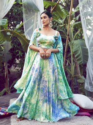 SKY BLUE ABSTRACT PRINT SILK FESTIVE & PARTY WEAR STITCHED LEHENGA CHOLI WITH FANCY SHOULDER DUPATTA 1
