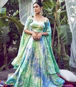 SKY BLUE ABSTRACT PRINT SILK FESTIVE & PARTY WEAR STITCHED LEHENGA CHOLI WITH FANCY SHOULDER DUPATTA
