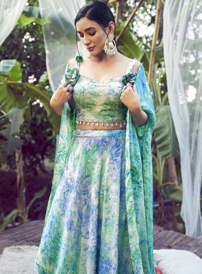SKY BLUE ABSTRACT PRINT SILK FESTIVE & PARTY WEAR STITCHED LEHENGA CHOLI WITH FANCY SHOULDER DUPATTA 2