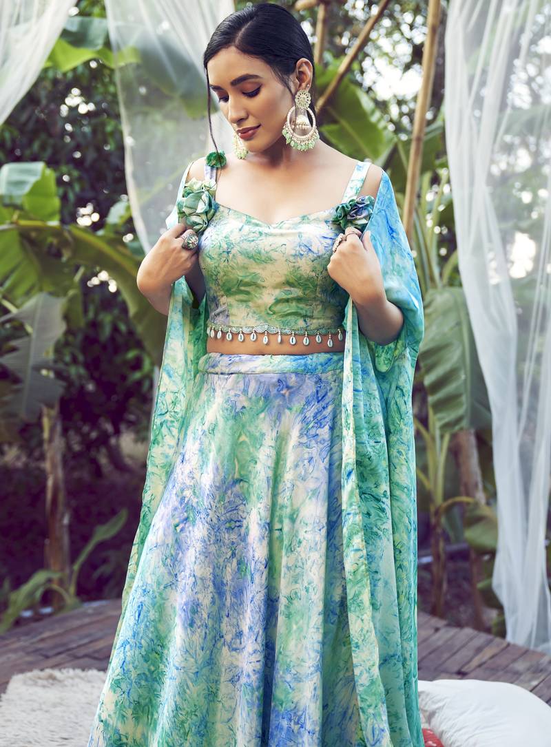 SKY BLUE ABSTRACT PRINT SILK FESTIVE & PARTY WEAR STITCHED LEHENGA CHOLI WITH FANCY SHOULDER DUPATTA