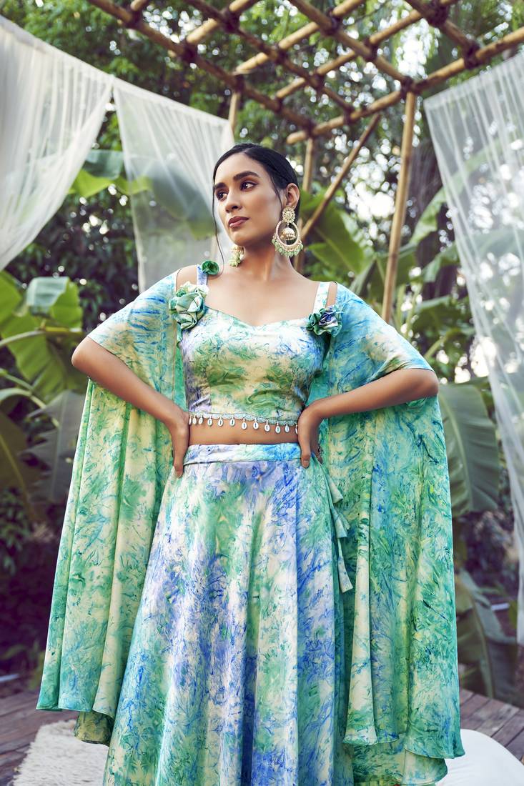 SKY BLUE ABSTRACT PRINT SILK FESTIVE & PARTY WEAR STITCHED LEHENGA CHOLI WITH FANCY SHOULDER DUPATTA