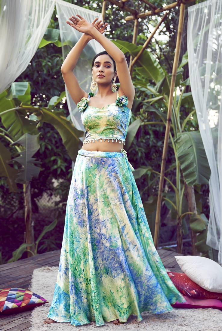 SKY BLUE ABSTRACT PRINT SILK FESTIVE & PARTY WEAR STITCHED LEHENGA CHOLI WITH FANCY SHOULDER DUPATTA