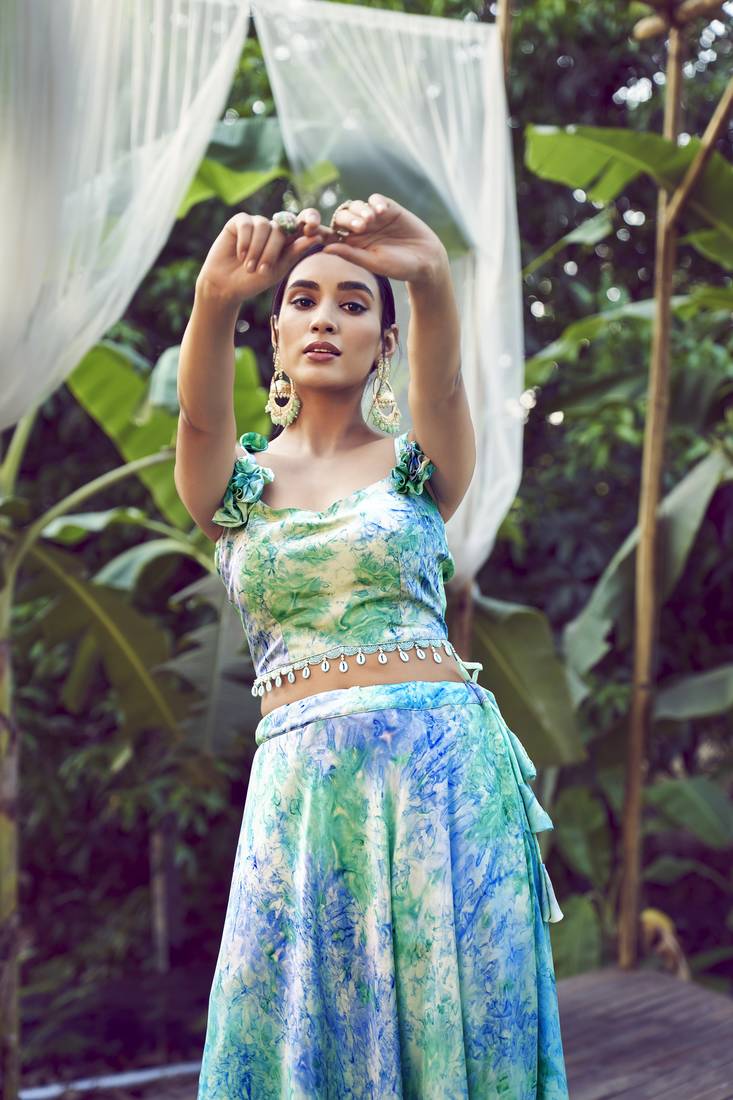 SKY BLUE ABSTRACT PRINT SILK FESTIVE & PARTY WEAR STITCHED LEHENGA CHOLI WITH FANCY SHOULDER DUPATTA