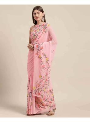 Pink printed georgette saree with blouse 5