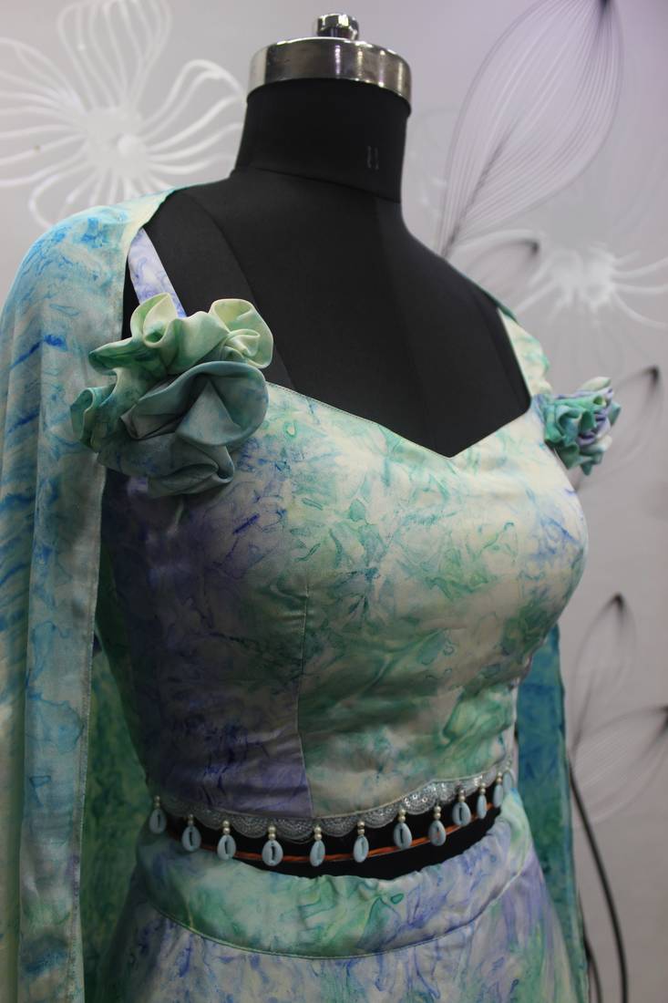 SKY BLUE ABSTRACT PRINT SILK FESTIVE & PARTY WEAR STITCHED LEHENGA CHOLI WITH FANCY SHOULDER DUPATTA