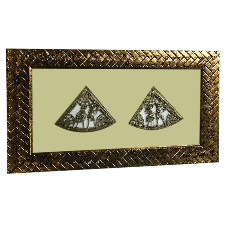 Chaque Decor Golden Frame 2 Metallic Human Figurines Dhokra And Warli WallArt | 10.25x17x1