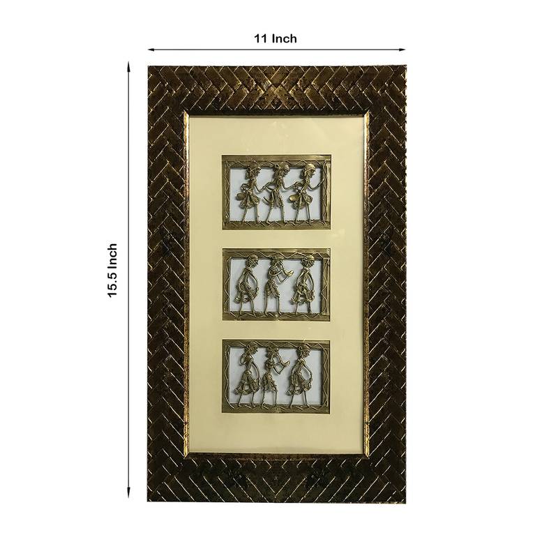 Chaque Decor Golden Frame 3 Metallic Human Figurines Dhokra And Warli WallArt | 11x15.5x1