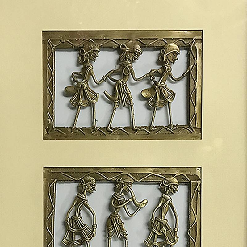 Chaque Decor Golden Frame 3 Metallic Human Figurines Dhokra And Warli WallArt | 11x15.5x1