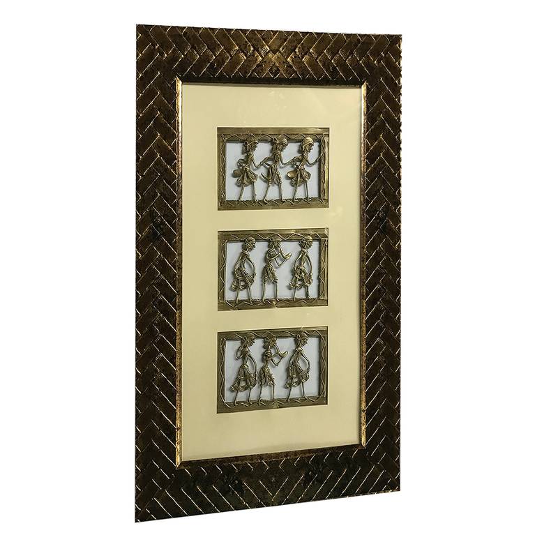 Chaque Decor Golden Frame 3 Metallic Human Figurines Dhokra And Warli WallArt | 11x15.5x1