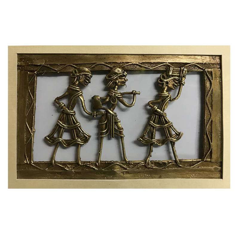 Chaque Decor Golden Frame 1 Metallic Human Figurines Dhokra And Warli WallArt | 9x11x1