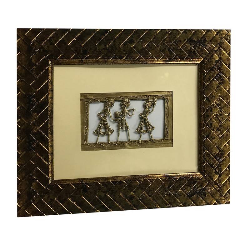 Chaque Decor Golden Frame 1 Metallic Human Figurines Dhokra And Warli WallArt | 9x11x1