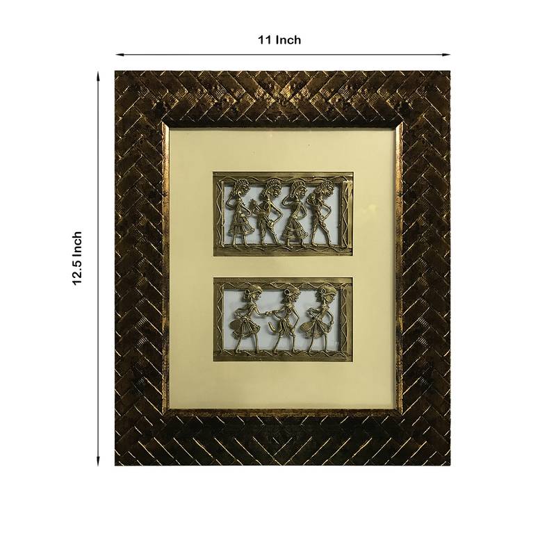 Chaque Decor Golden Frame 2 Metallic Human Figurines Dhokra And Warli WallArt | 11x12.5x1