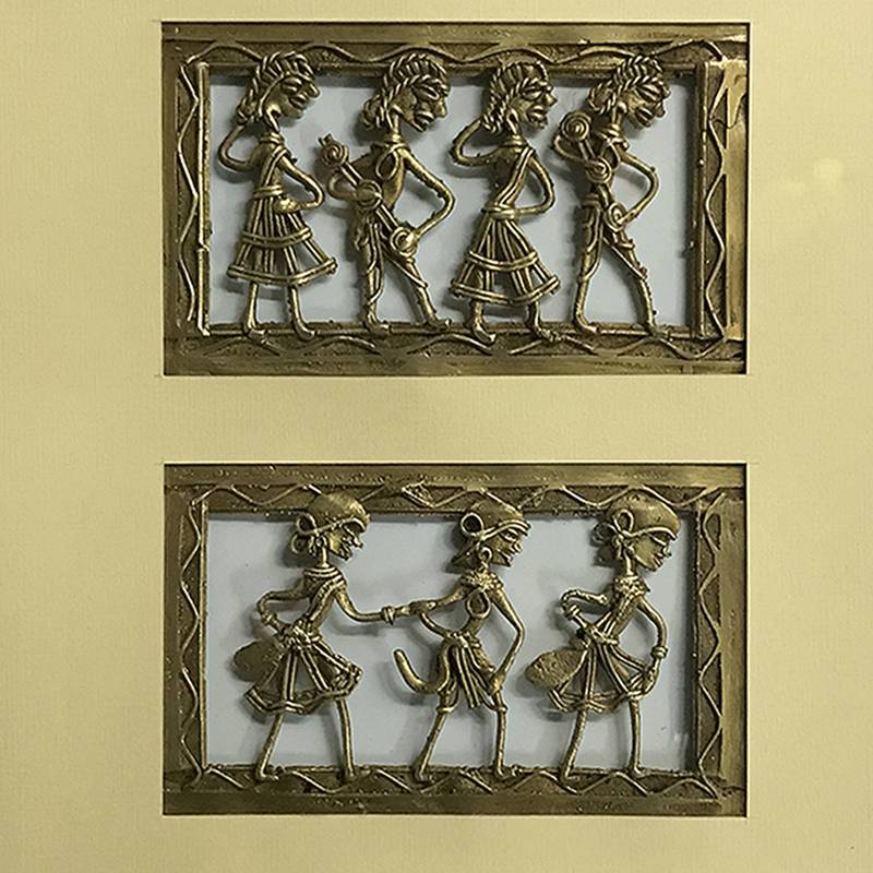 Chaque Decor Golden Frame 2 Metallic Human Figurines Dhokra And Warli WallArt | 11x12.5x1