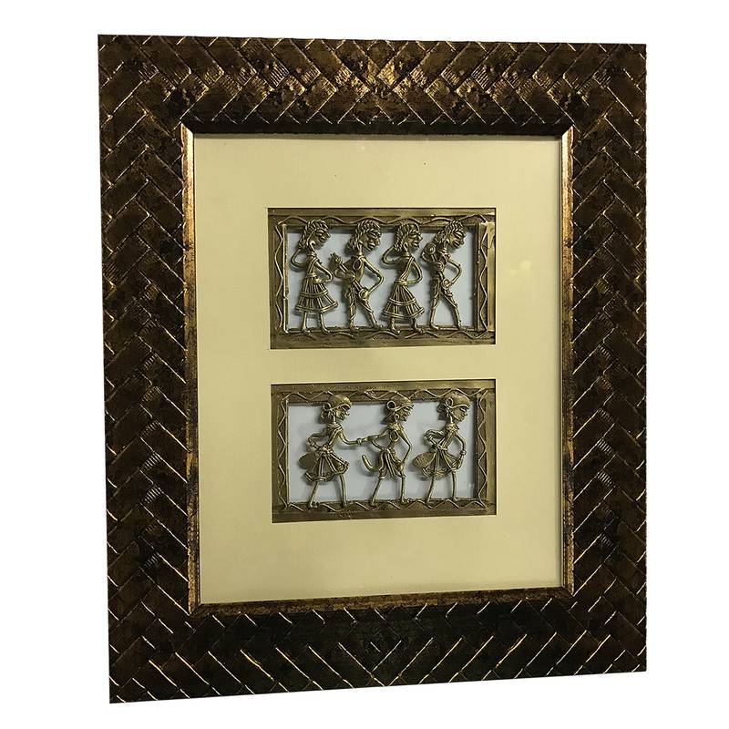 Chaque Decor Golden Frame 2 Metallic Human Figurines Dhokra And Warli WallArt | 11x12.5x1