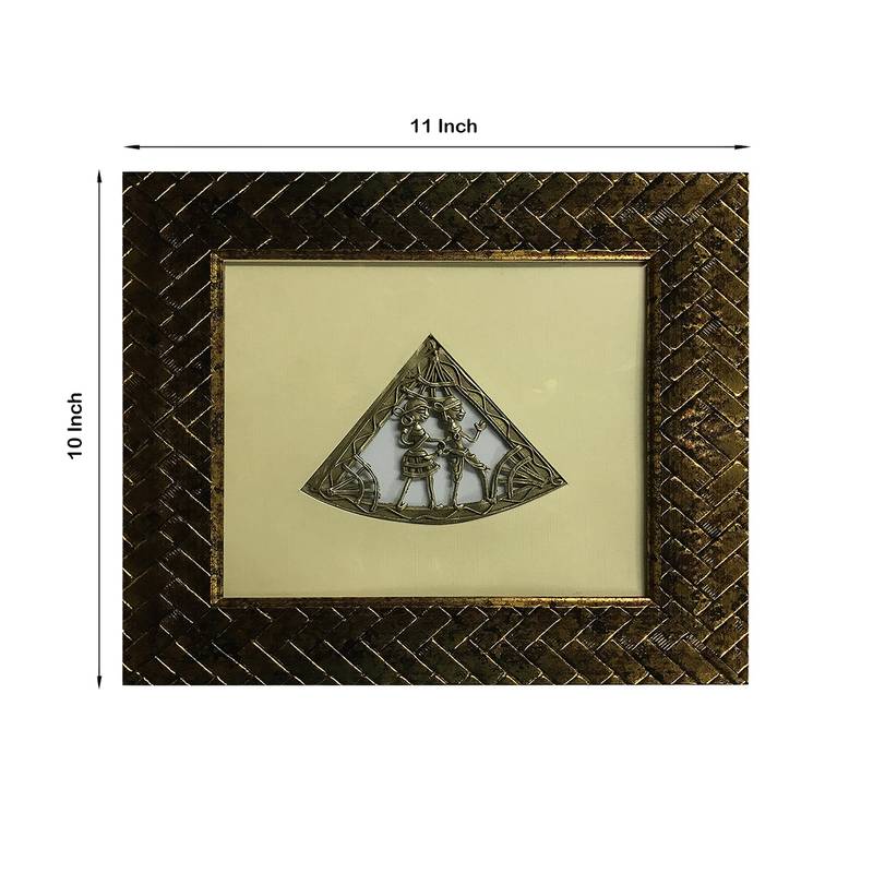 Chaque Decor Golden Frame 1 Metallic Human Figurines Dhokra And Warli WallArt | 10x11x1