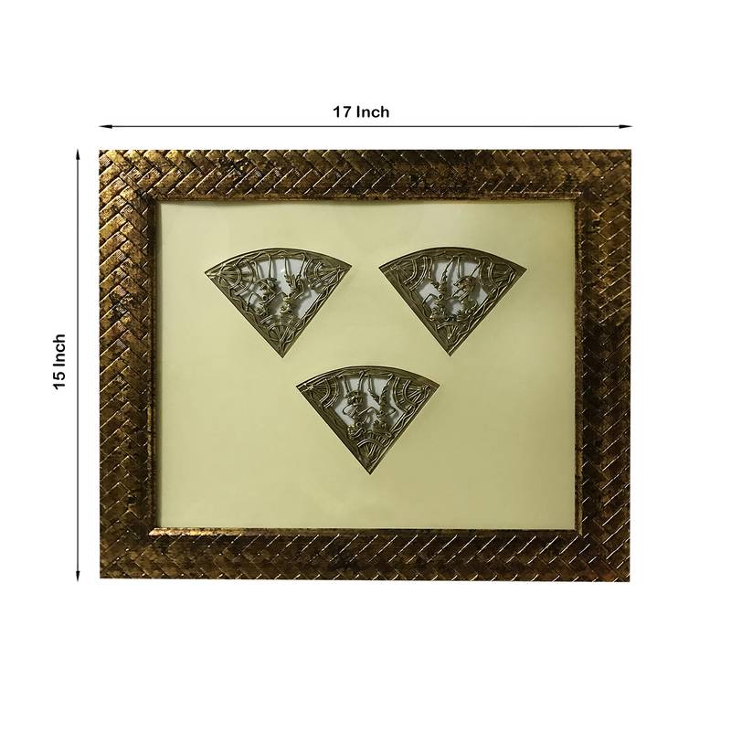 Chaque Decor Golden Frame 3 Metallic Human Figurines Dhokra And Warli WallArt | 15x17x1