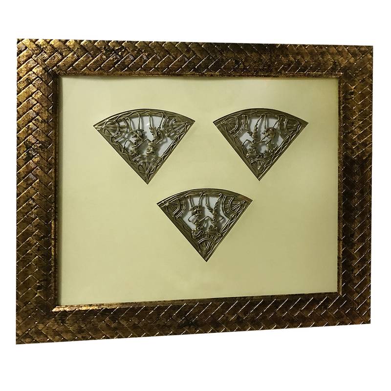 Chaque Decor Golden Frame 3 Metallic Human Figurines Dhokra And Warli WallArt | 15x17x1