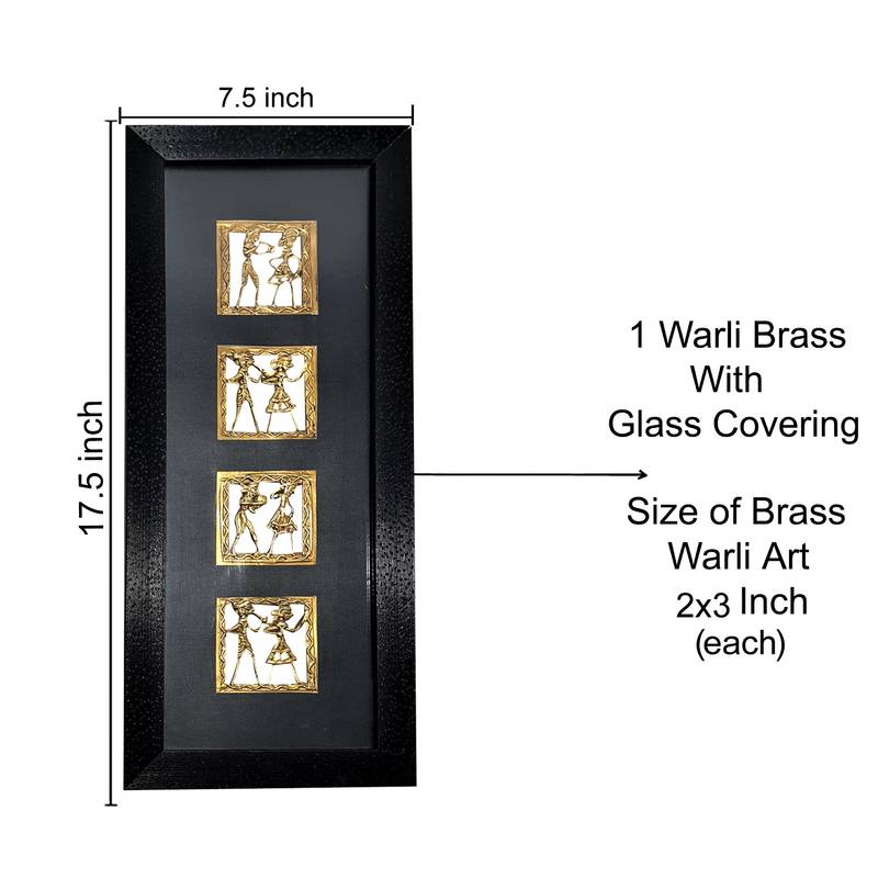 Chaque Decor Black Frame 4 Metallic Human Figurines Dhokra And Warli WallArt | 7.5x17.5x1