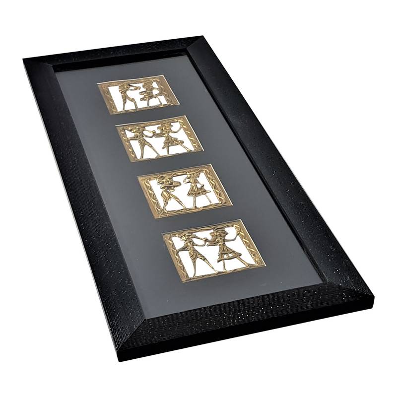 Chaque Decor Black Frame 4 Metallic Human Figurines Dhokra And Warli WallArt | 7.5x17.5x1