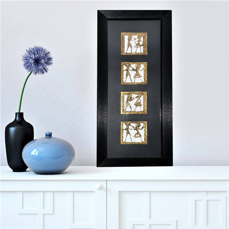 Chaque Decor Black Frame 4 Metallic Human Figurines Dhokra And Warli WallArt | 7.5x17.5x1