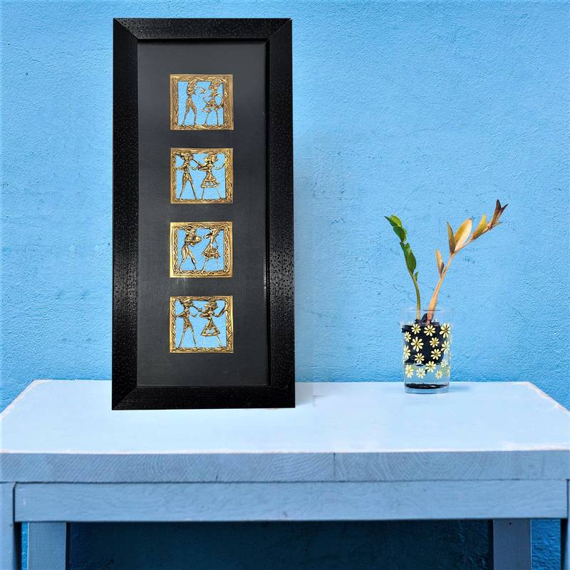 Chaque Decor Black Frame 4 Metallic Human Figurines Dhokra And Warli WallArt | 7.5x17.5x1