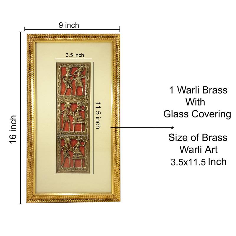 Chaque Decor Golden Frame 3 Metallic  Human Figurines Dhokra And Warli WallArt | 9x16x1