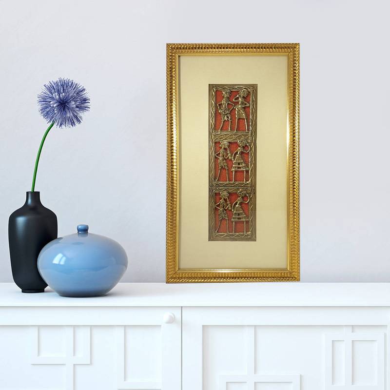 Chaque Decor Golden Frame 3 Metallic  Human Figurines Dhokra And Warli WallArt | 9x16x1