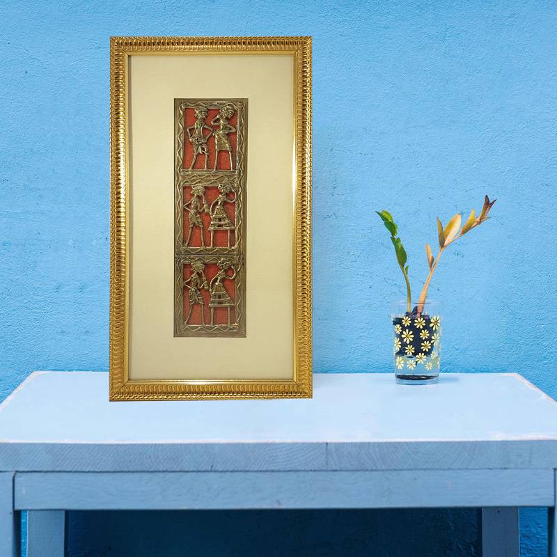 Chaque Decor Golden Frame 3 Metallic  Human Figurines Dhokra And Warli WallArt | 9x16x1