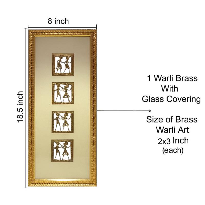 Chaque Decor Golden Frame 4 Metallic  Human Figurines Dhokra And Warli WallArt | 8x18.5x1