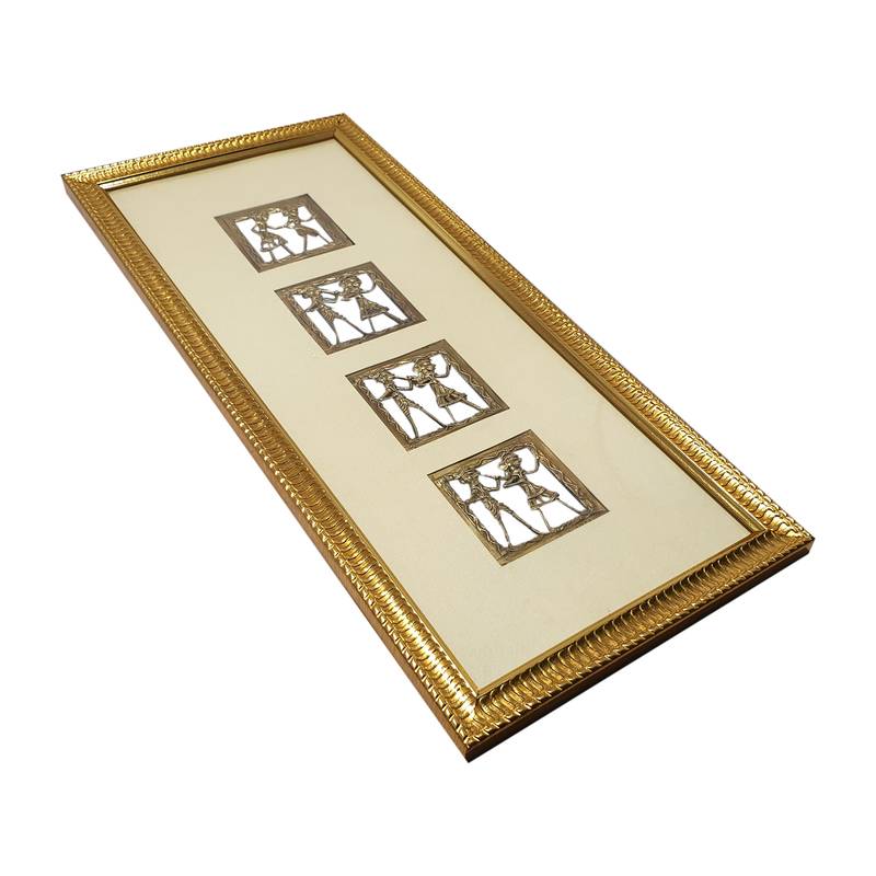 Chaque Decor Golden Frame 4 Metallic  Human Figurines Dhokra And Warli WallArt | 8x18.5x1