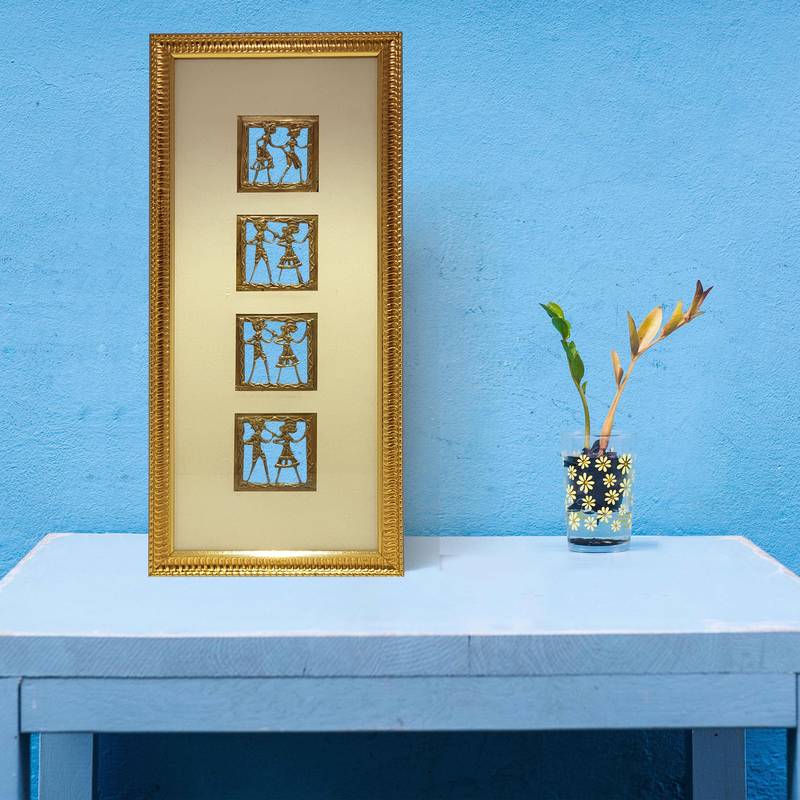 Chaque Decor Golden Frame 4 Metallic  Human Figurines Dhokra And Warli WallArt | 8x18.5x1