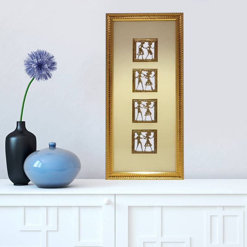 Chaque Decor Golden Frame 4 Metallic  Human Figurines Dhokra And Warli WallArt | 8x18.5x1