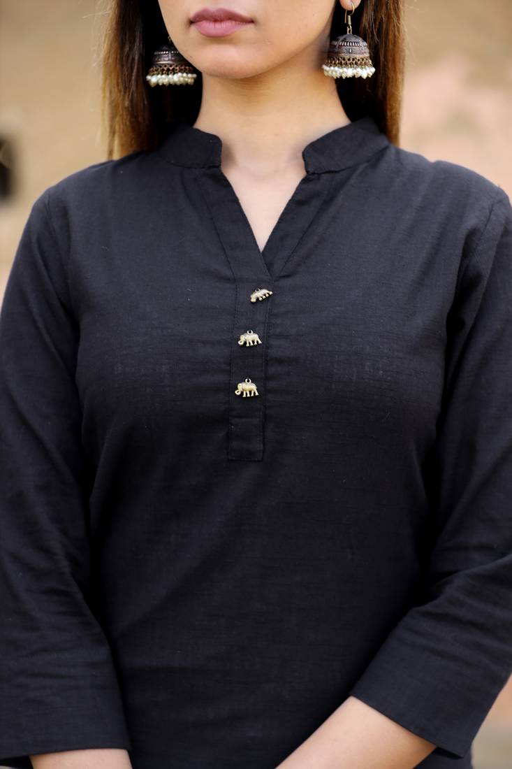 KAAJH Black Solid Cotton Casual Kurta 