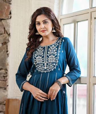 Blue Embellished Cotton Anarkali Kurta 6