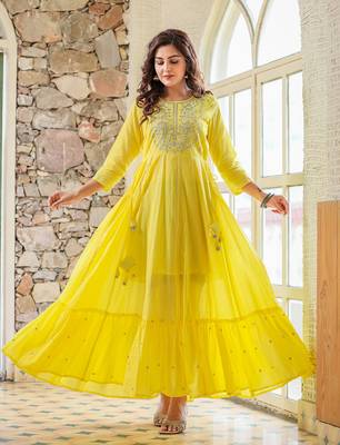 KAAJH Yellow Embellished Cotton Anarkali Kurta 6