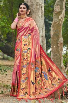 Sangam Prints Pink Paithani Silk Woven Zari Work Traditional Tassle Saree