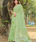Sangam Prints Light Green Linen Siroski Stone Work Traditional Tassle Saree